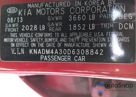 2013 Kia Rio Lx from USA, damaged, VIN KNADM4A30D6308842